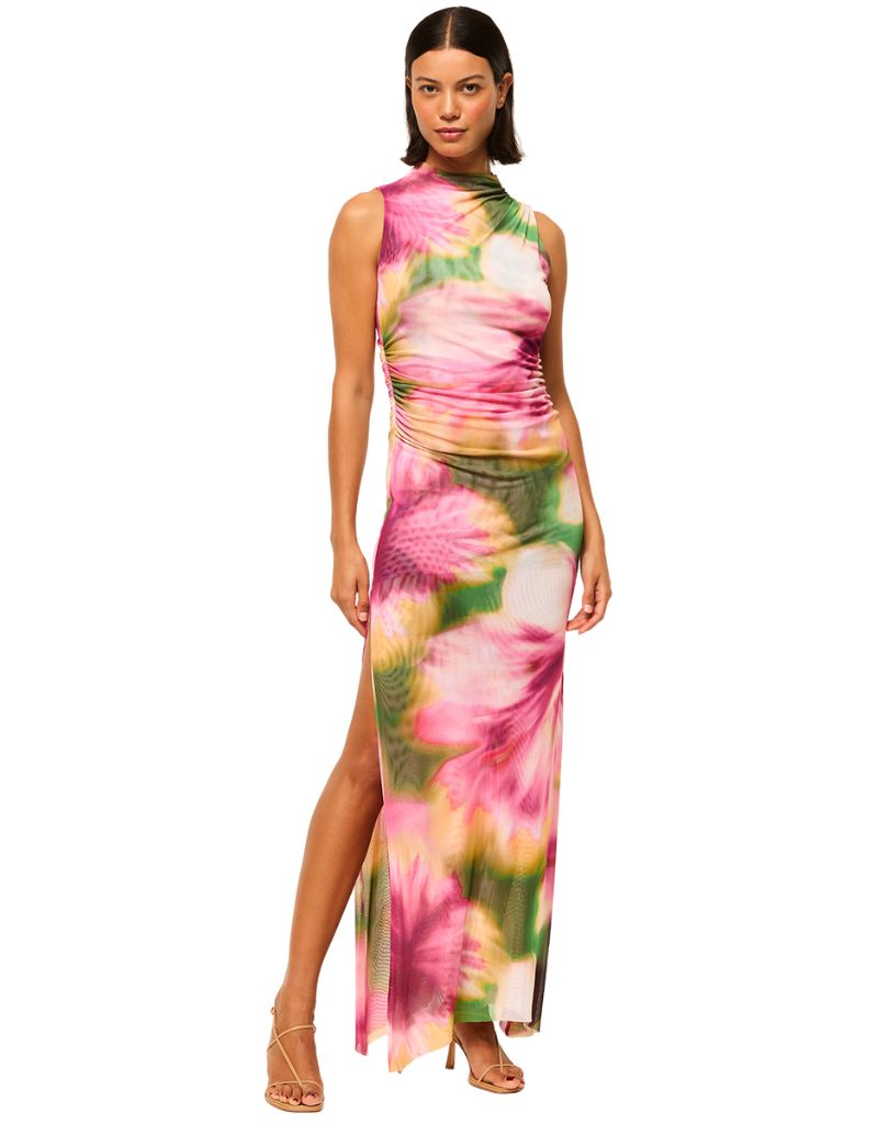 Misa Athena Dress Blurred Hibiscus Mesh Geo