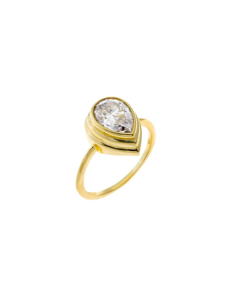 Moissanite Double Bezel Pear Ring Gold Size 7