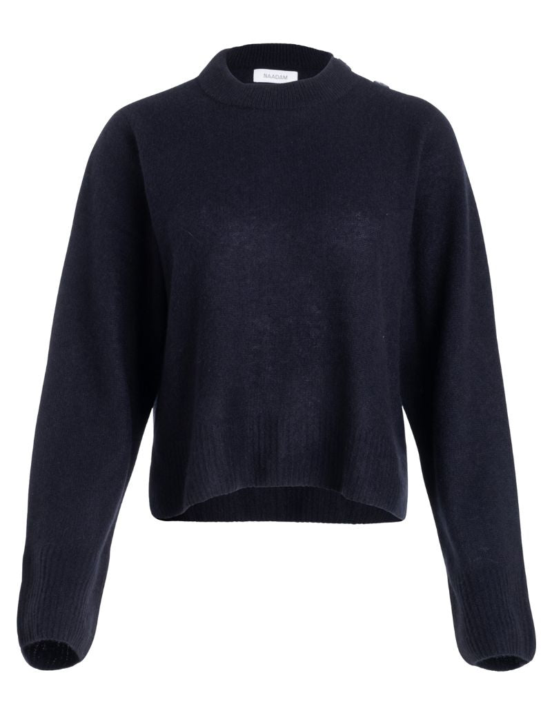 Naadam Cashmere Crewneck with Button Detail Navy