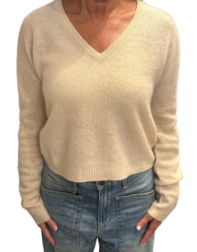 Naadam Cashmere Featherweight V Neck in Pearl