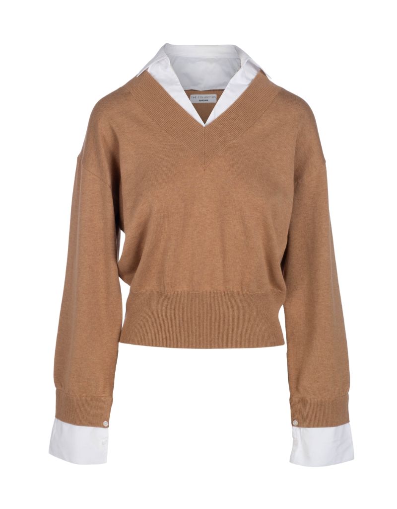 Naadam Cotton Cashmere Mixed Media V-Neck Raffia