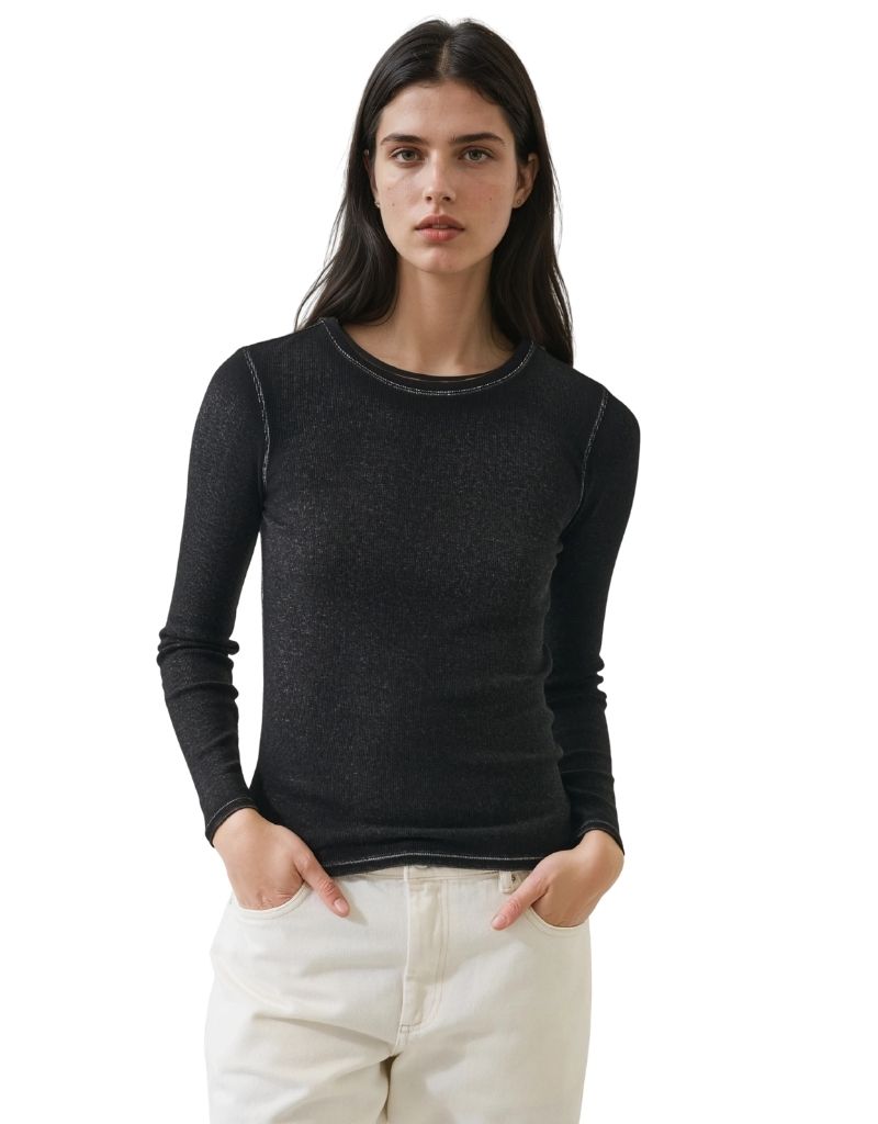 Patrick Assaraf Long Sleeve Vintage Rib Crew Black