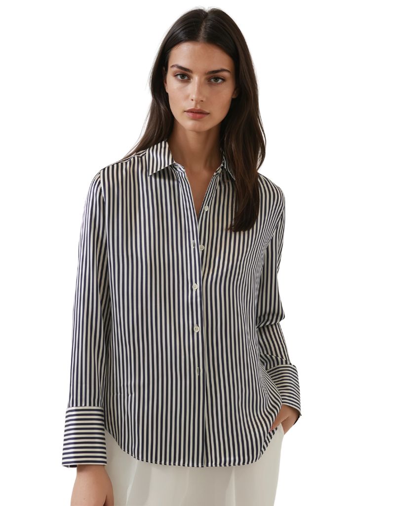 Patrick Assarf LS Silk Satin Relaxed Shirt Navy Bold Stripe