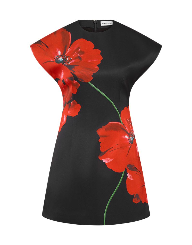 Rebecca Vallance Chaya Mini Dress Poppy Print Black Base 