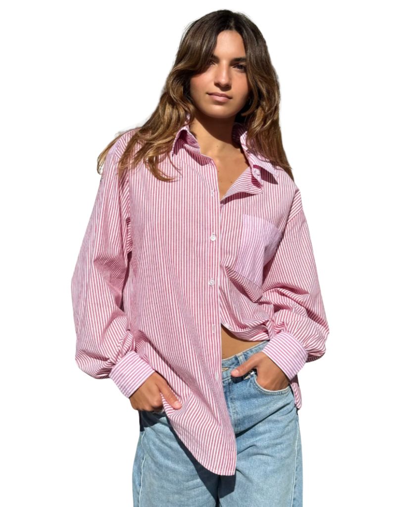 Rose Carmine Fines Rayures Shirt Red Fushia