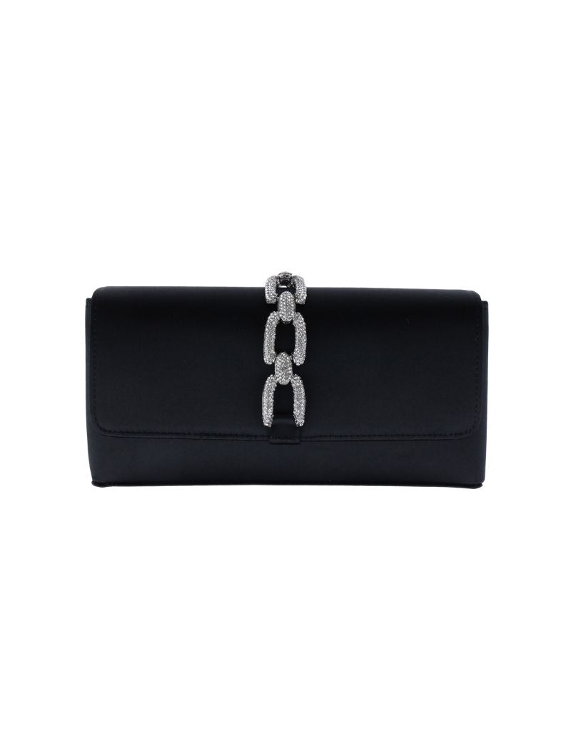 Satin Rhinestone Chain Fold Over Clutch SRB-E3950 Black