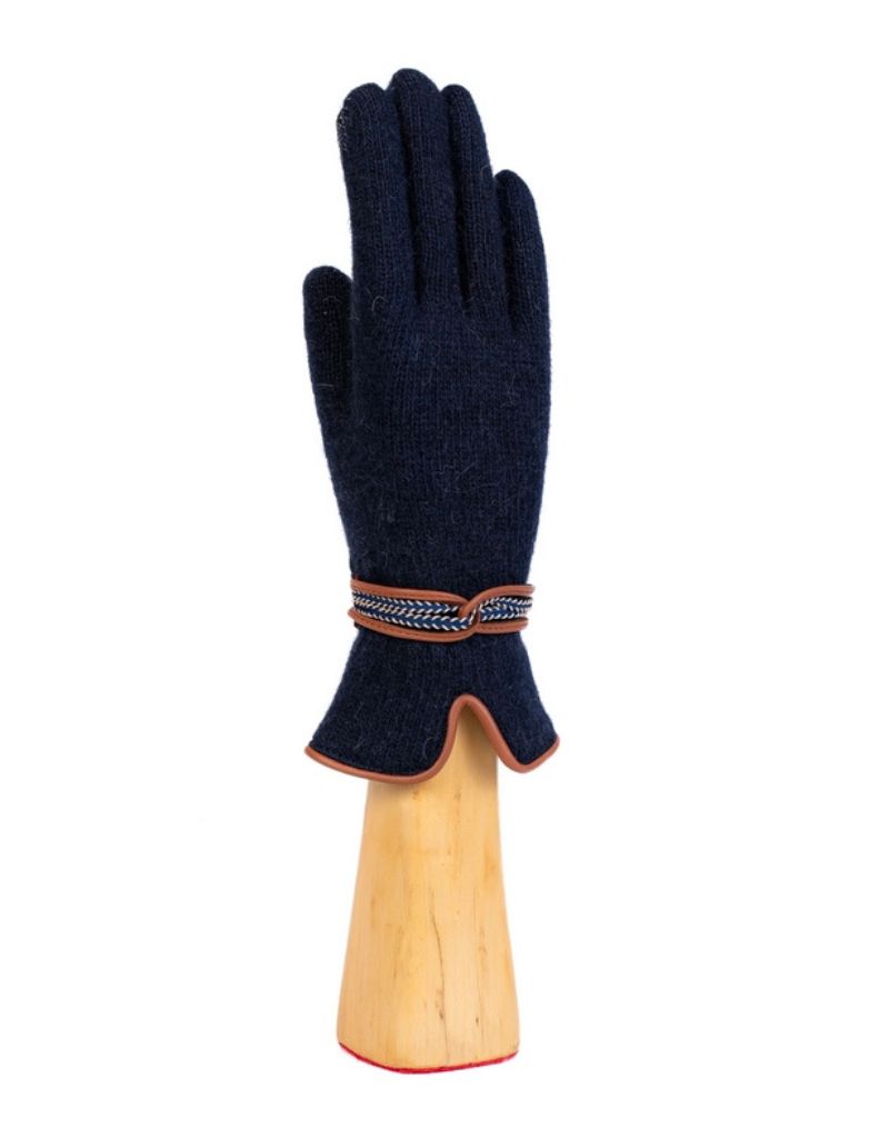 Santacana OST-LN-247 Wool and Angora Knitted Gloves Leather Trim and Ribbon Marino