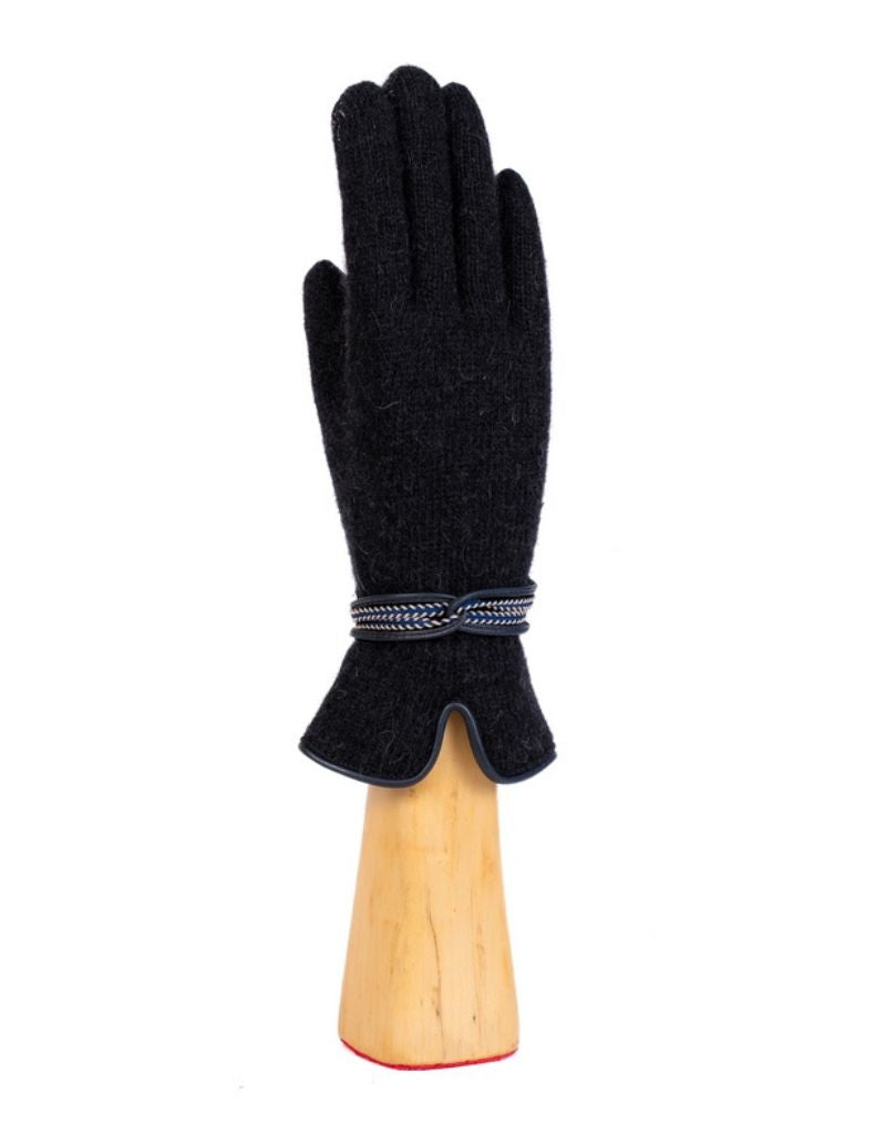 Santacana OST-LN-247 Wool and Angora Knitted Gloves Leather Trim and Ribbon Negro