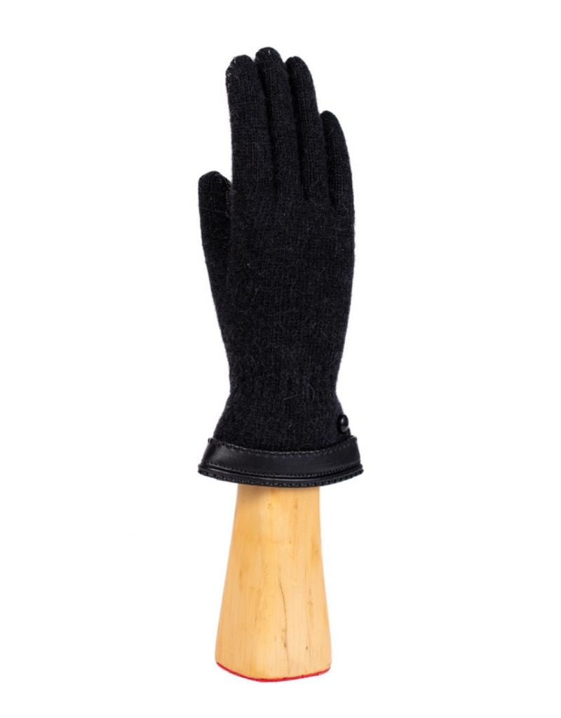 Santacana OST-LN-406 Wool and Angora Knitted Gloves Leather Trim Banding Button Negro