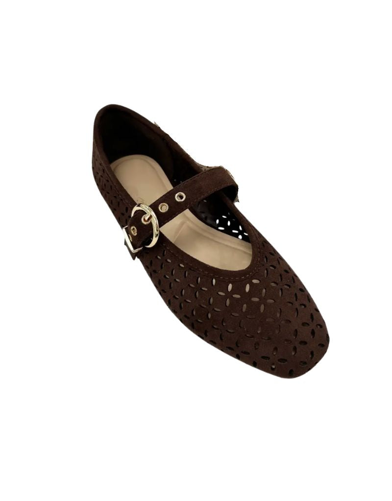 Square Toe Mary Jane Ballet Flats Brown Suede