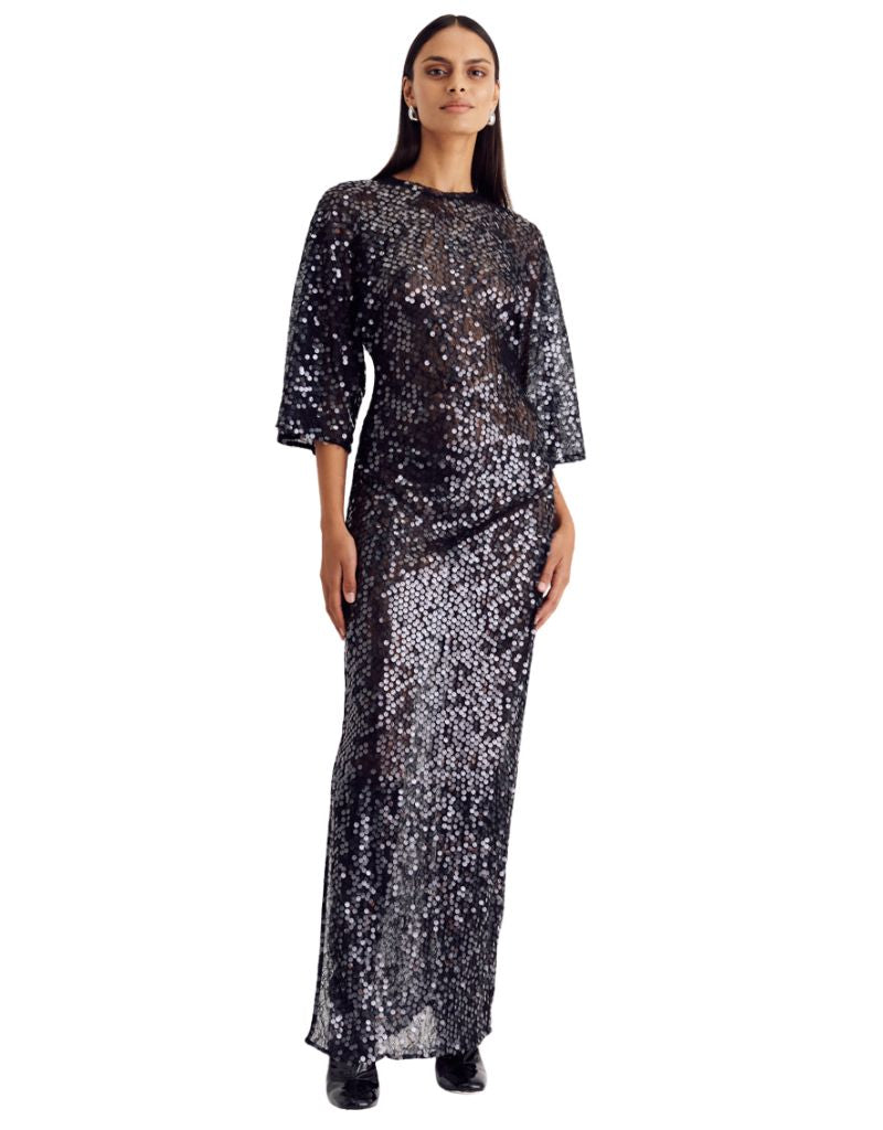 Suboo Ava Lace Sequin Cape Sleeve Maxi Black