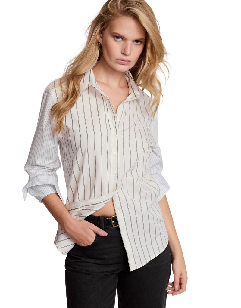 The Shirt by Rochelle Behrens The Boyfriend Shirt Cream Olive Stripes