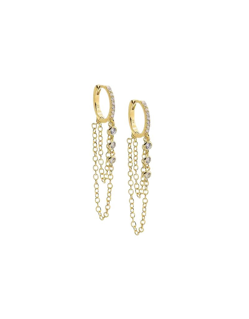 Triple CZ Bezel Chain Drop Huggie Earring