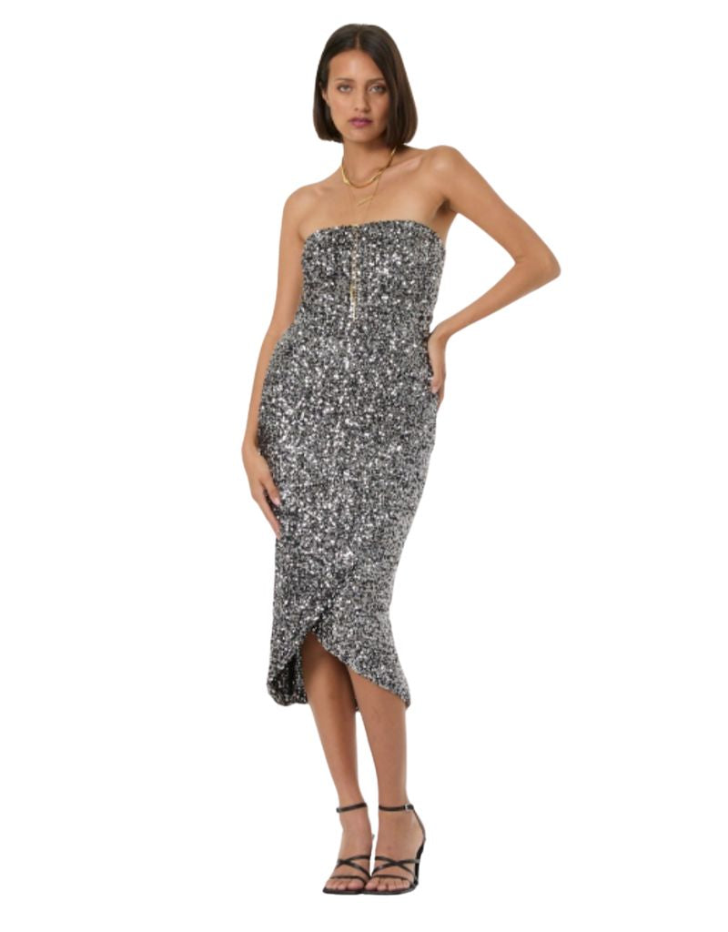 young fabulous and broke dress Young Fabulous & Broke | Zodiac Strapless Dress Silver 2-Tone Sequins