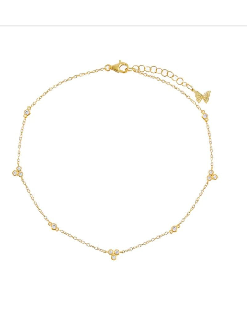 A77343GLD-5019 Multi Bezel CZ Trio Cluster Anklet Gold