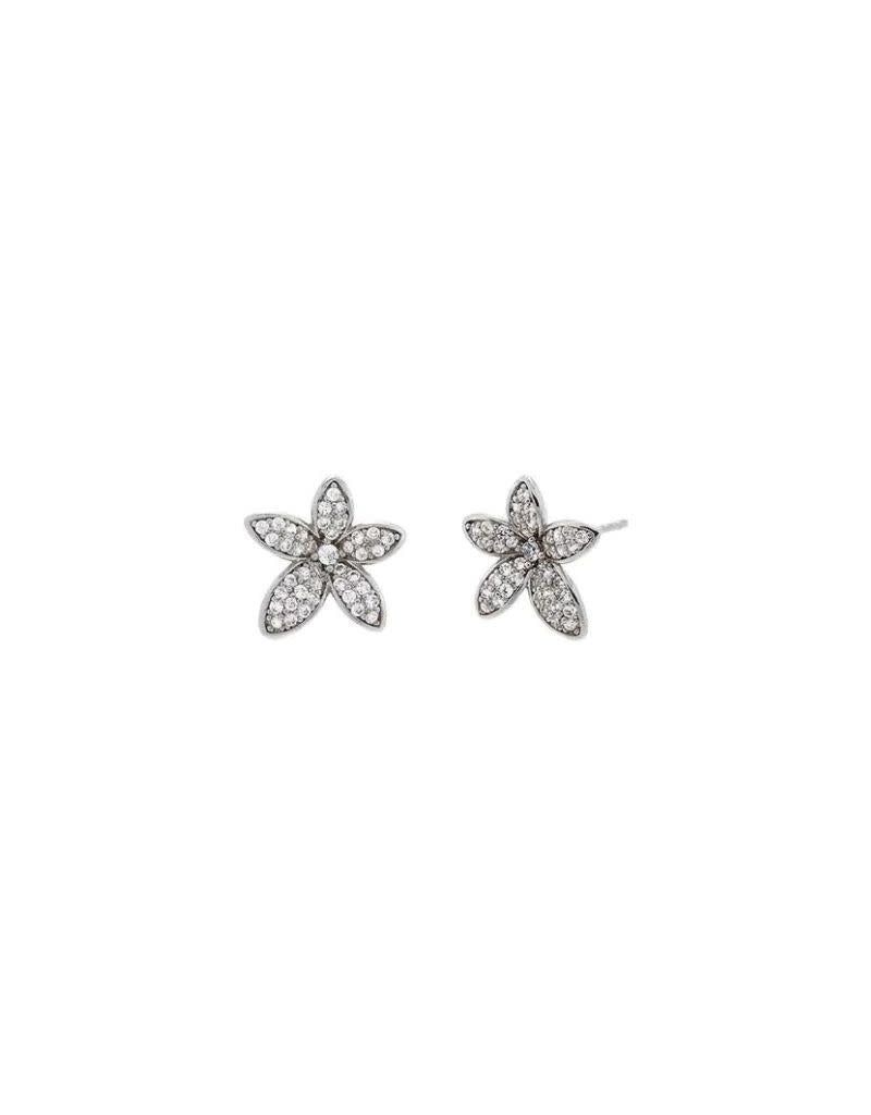 E72175-BRSIL Pave Five Leaf Flower Stud Earring Silver