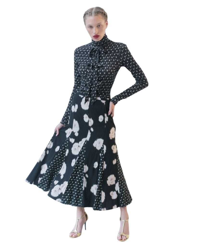Lean Godet Skirt Ebony Faded Roses Dots