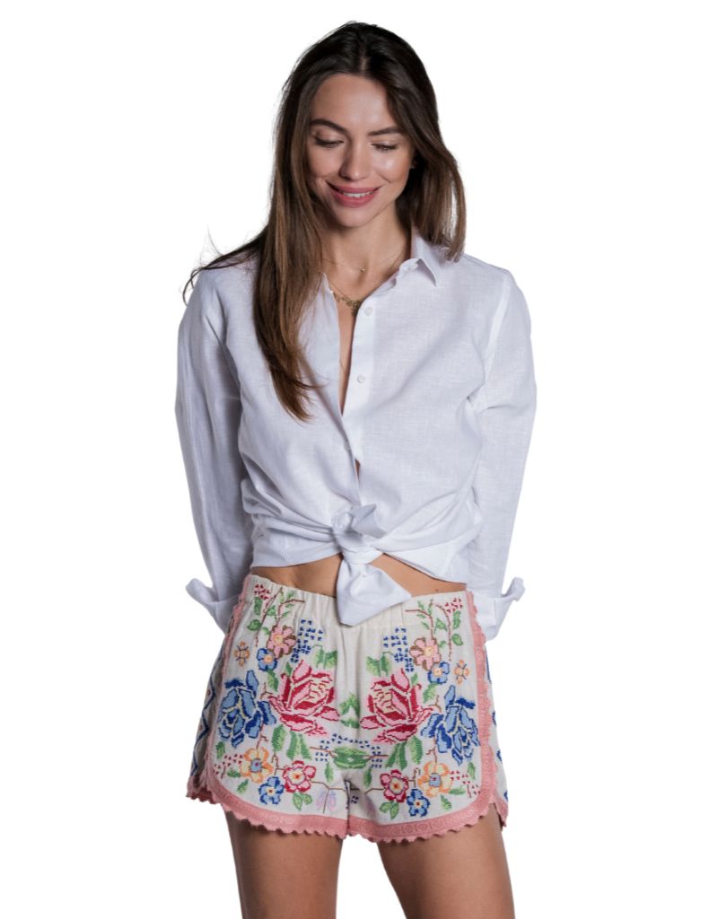 Flower Design Shorts Ecru Su26