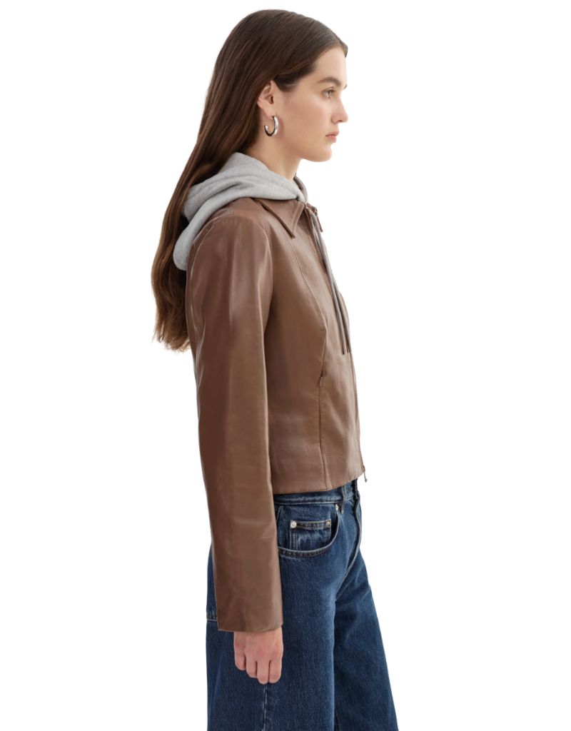 Sally Leather Biker Jacket Tan Heather Grey