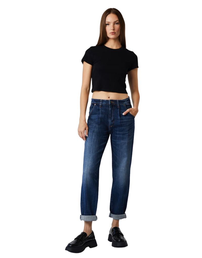 Jimmy Pleated High Rise Baggy Roll Up Jeans Dark Venezia