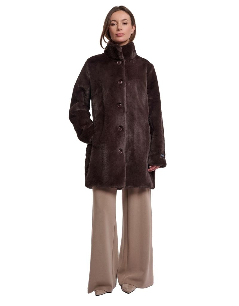Nonna Single Breasted Faux Fur Coat Coffee Roast F26