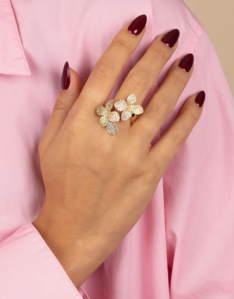 R94007-BRGLD Pastel Pave Fancy Flower Ring Multi Color Size 7