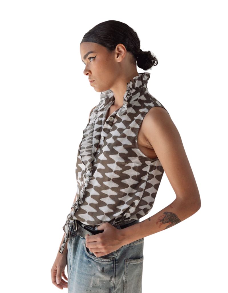 Sleeveless Frilled Buttondown Tribal Zig Zag