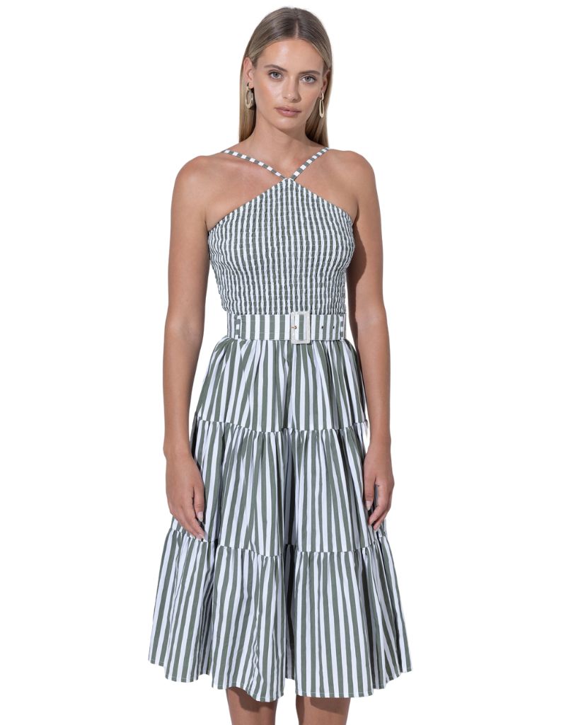 Arlen Belted Poplin Midi Dress Olive