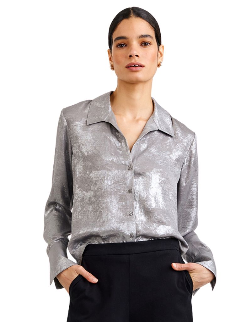 Flowy Wide Collar Button Down Silver Distress Foil