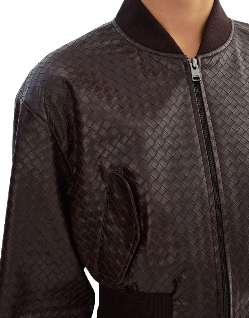 Evelin W Faux Leather Embossed Basket Weave Jacket Dark Brown