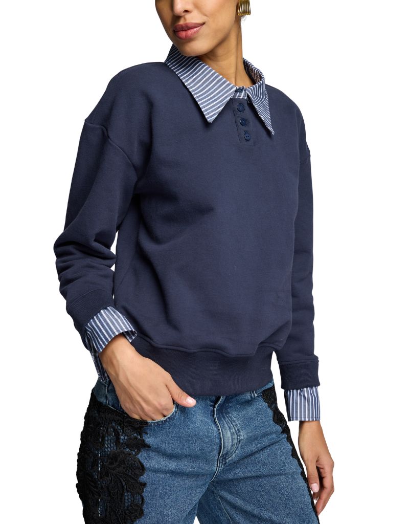 Hallie Poplin Shirt Combo Sweatshirt Midnight Navy Stripe F26