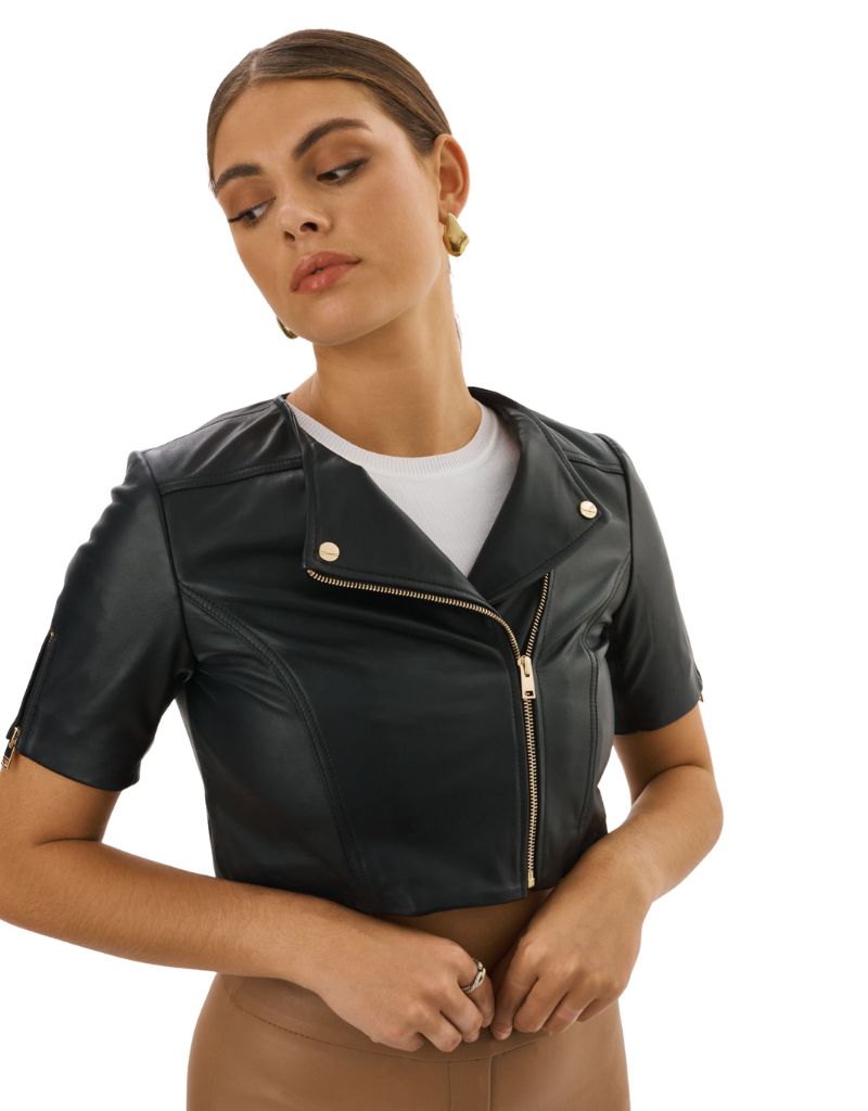 Kirsi 21 Leather Crop Jacket Black Gold Hardware