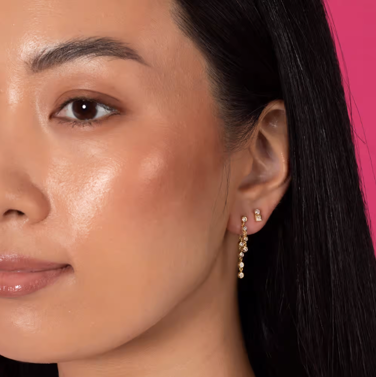 E07219GLD-974 Double Bezel Chain Drop Stud Earring Gold