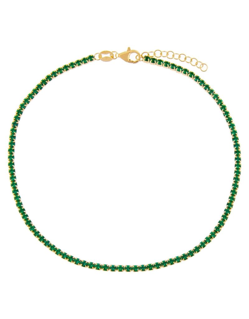 A55537-GRN-2MM-588 Thin Colored Tennis Anklet Emerald Green