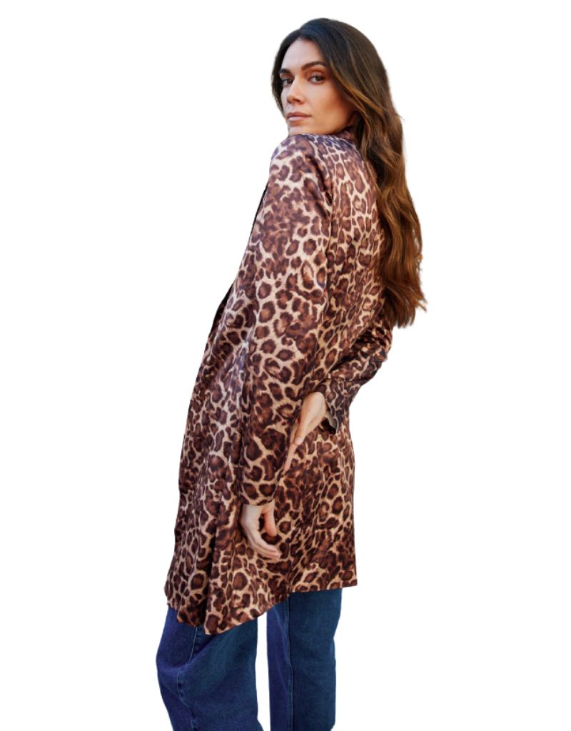 Long Silk Blazer Mocha Leopard