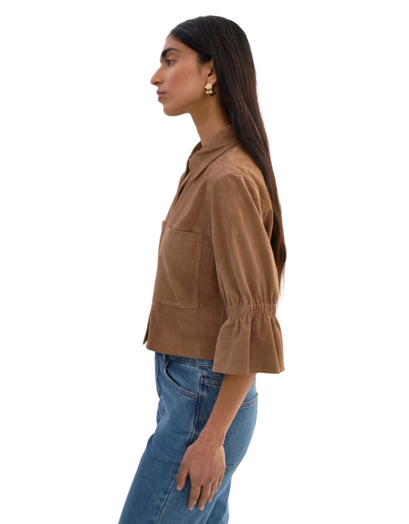 Carolina S Suede Ruffle Sleeve Jacket Latte
