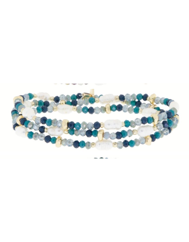 1741B Gold Navy Ice Crystal Beaded Pearl Stretch Bracelet