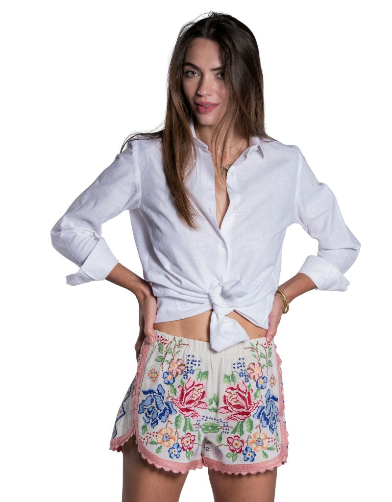 Flower Design Shorts Ecru Su26