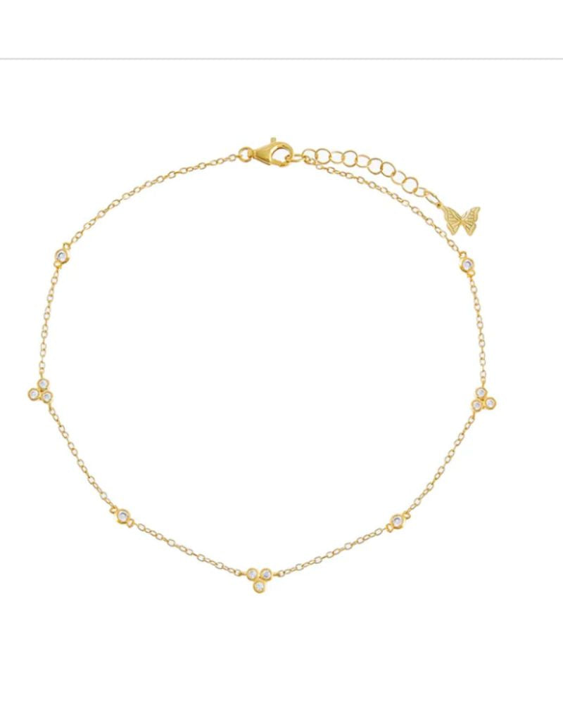 A77343GLD-5019 Multi Bezel CZ Trio Cluster Anklet Gold