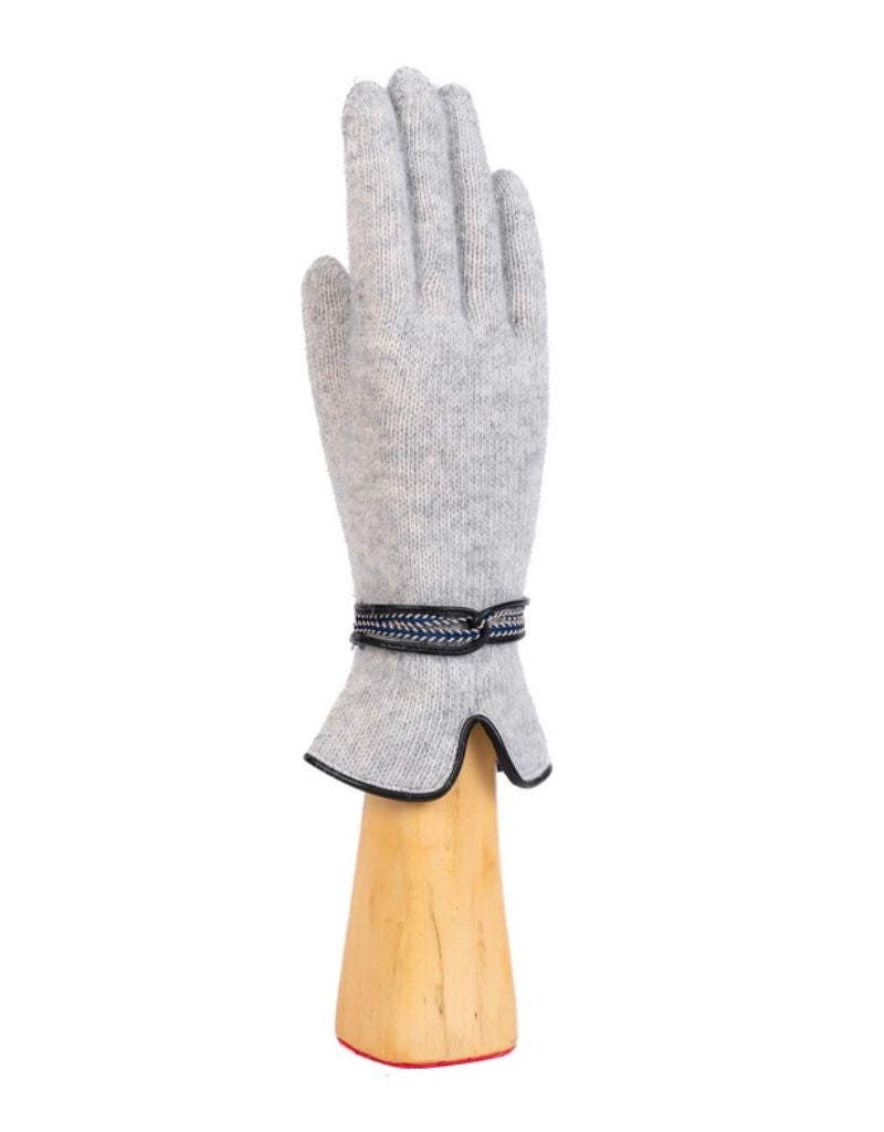 OST-LN-247 Wool and Angora Knitted Gloves Leather Trim and Ribbon Perla