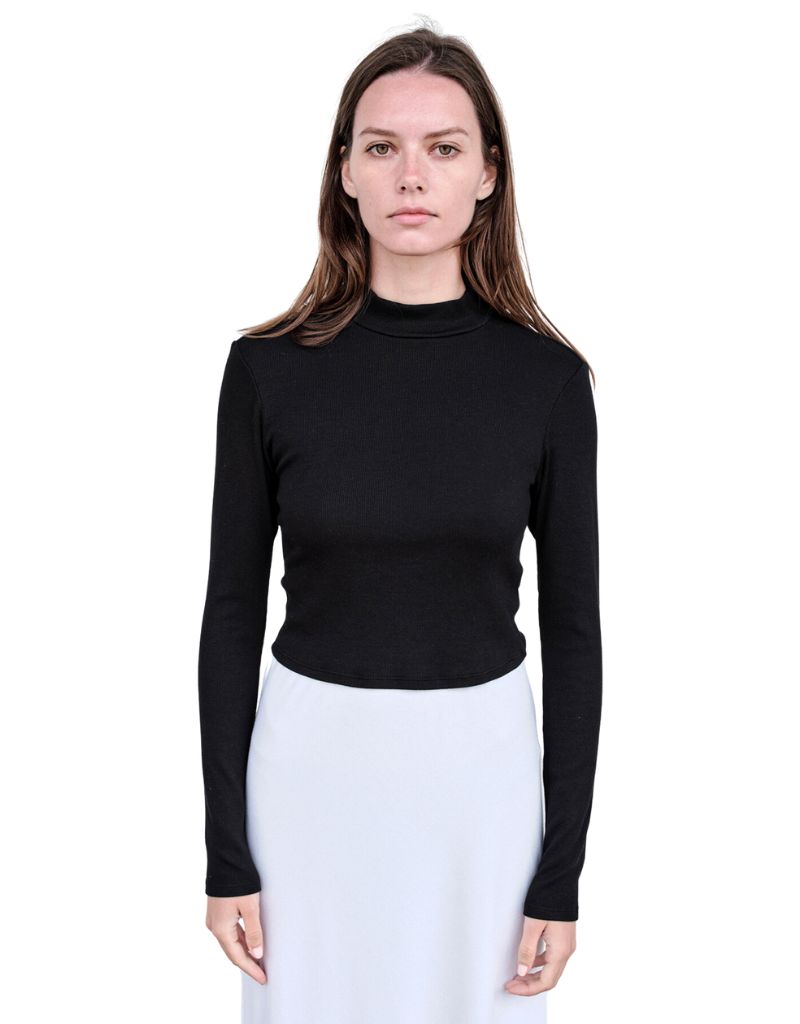 Rib Mock Neck Cropped Long Sleeve Black