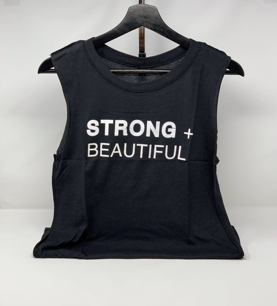 Strong + Beautiful Muscle T-Shirt in Black on hanger