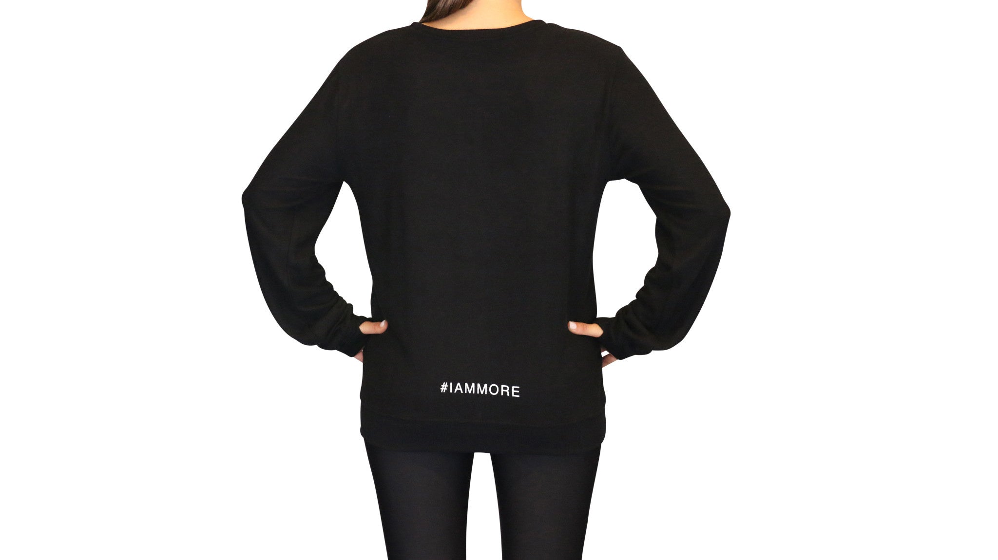 I Am More Scarsdale's Strong + Beautiful black sweatshirt back view on person