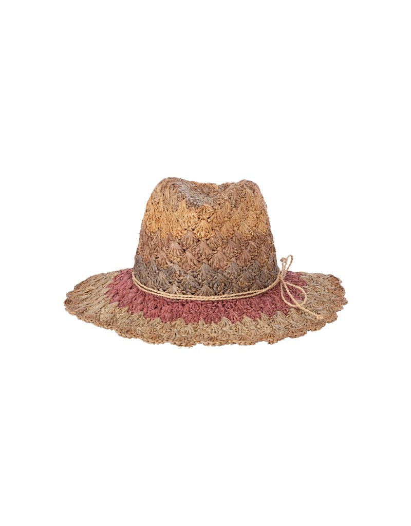 Enya Lux Nude Gold Crochet Raffia Fedora Hat