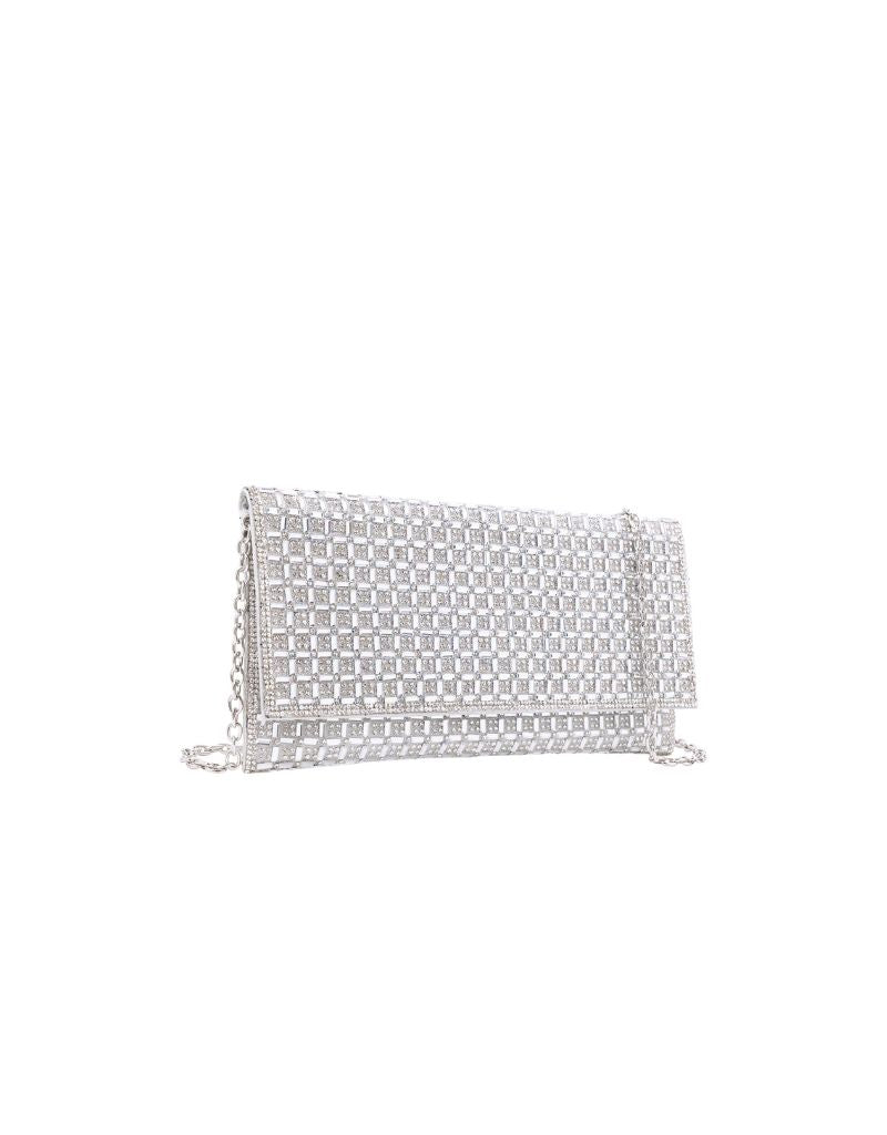 Gemstone Flap Clutch with Detachable Chain Strap SRB-E4081 Silver