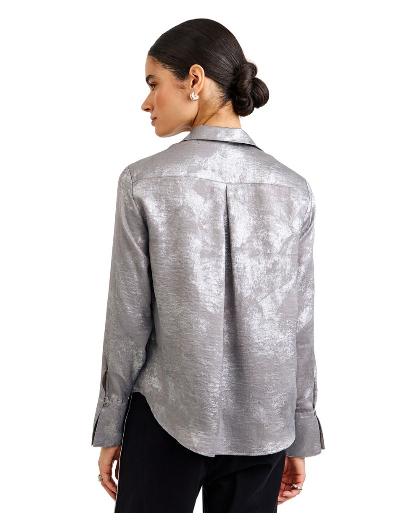 Flowy Wide Collar Button Down Silver Distress Foil