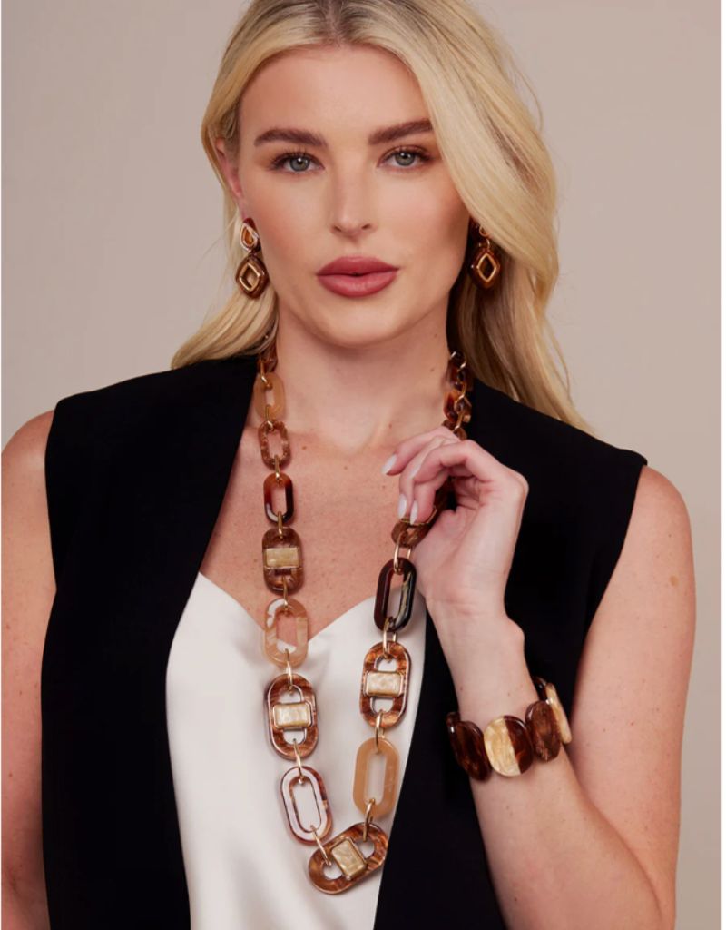 N2994 Brown Geometric Resin Link Long Necklace