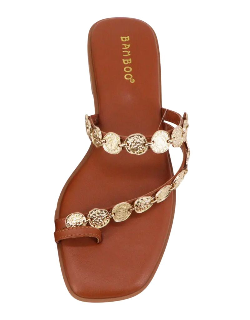Ring Toe Chain Ornament Flat Sandals Brown