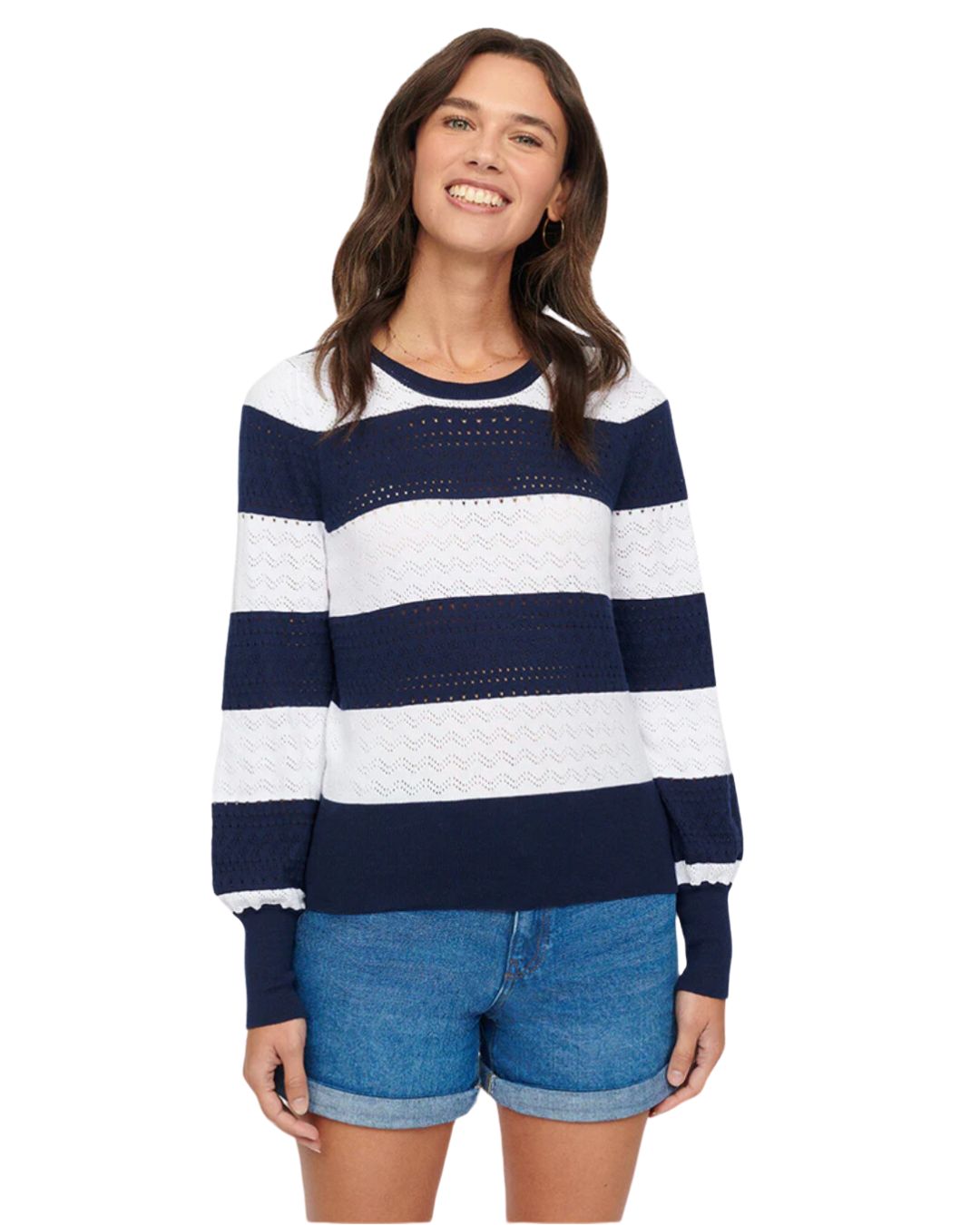 Mia Button Detail Pointelle Crew Navy Snowdrop