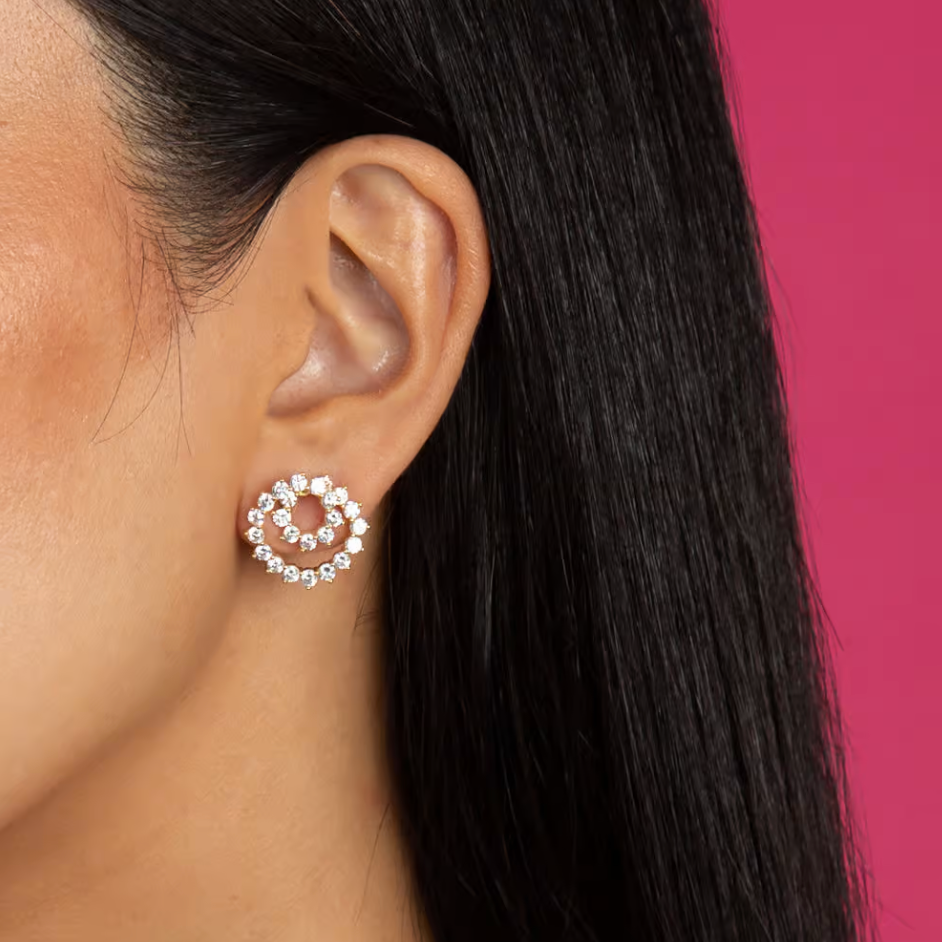 E99894-RHO 3 Prong Tennis Loop On The Ear Stud Earring Rhodium